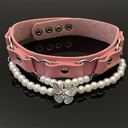 Butterfly Pearl Pink PU Leather Choker Necklace