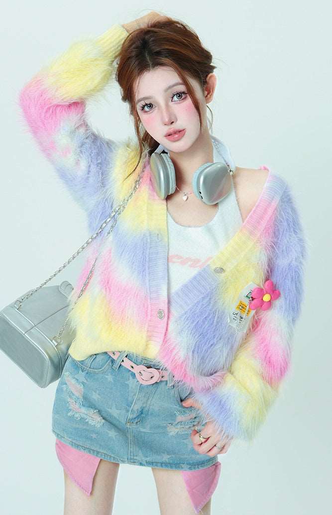 Bubblegum Rainbow Colorful Flower Y2K Spring V Neck Knitted Sweater Cardigan