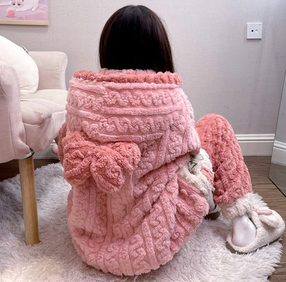 Strawberry Pink Thick Winter Pajamas Hooded Bathrobe & Pants Set