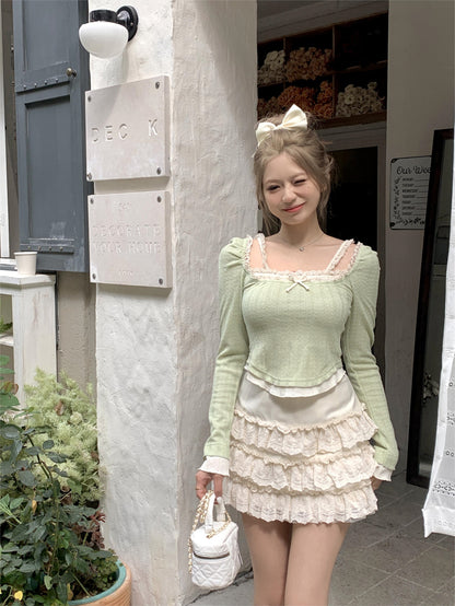 Fresh Pastel Green Long Sleeve Top & Ruffled High Waist White Skirt Two Piece