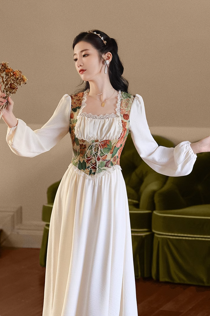 Vintage Glow Rococo Retro Cottagecore Floral Print Lace Corset Square Collar White Long Dress