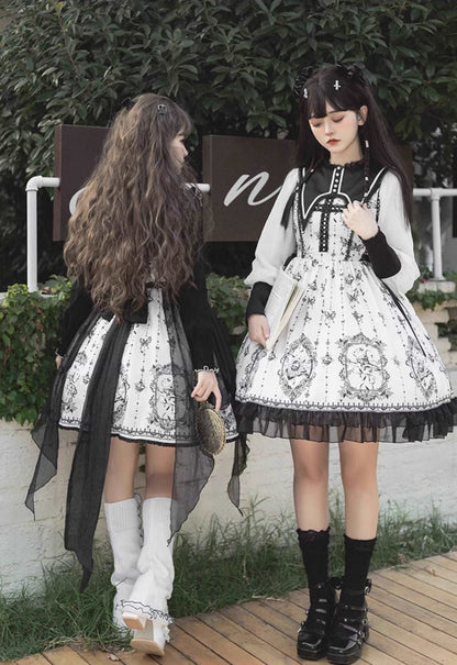 Butterfly Twins Gray Black White Gothic Princess Lace Bow Dollcore Girl Dress