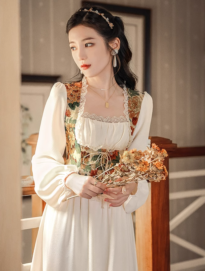 Vintage Glow Rococo Retro Cottagecore Floral Print Lace Corset Square Collar White Long Dress