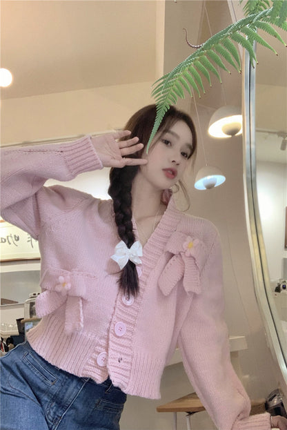 Pink White Bow Knit Embroidery Cardigan