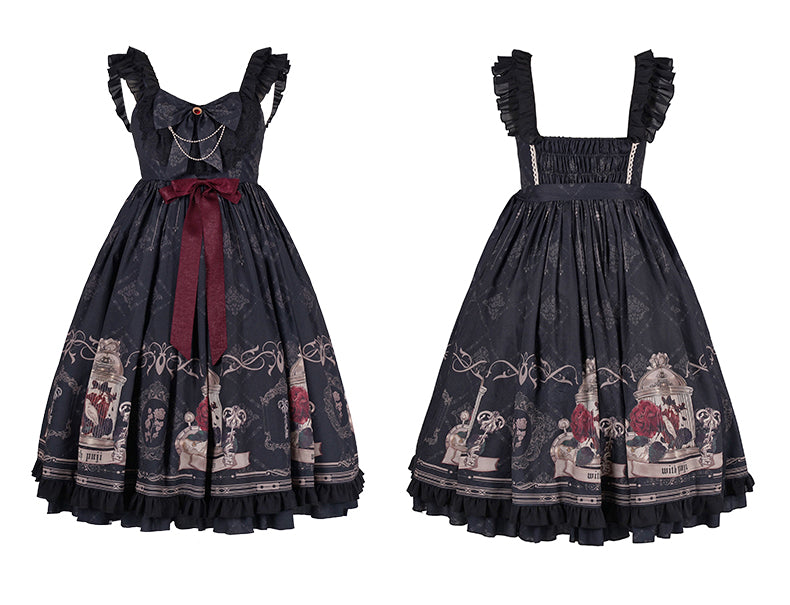 Universal Lolita Nightingale and Rose Birdcage Black Red Gothic Goth Girl Strap Dress