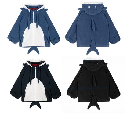 Black & Blue Shark Tail Zipper Cashmere Wool Hoodie Jacket