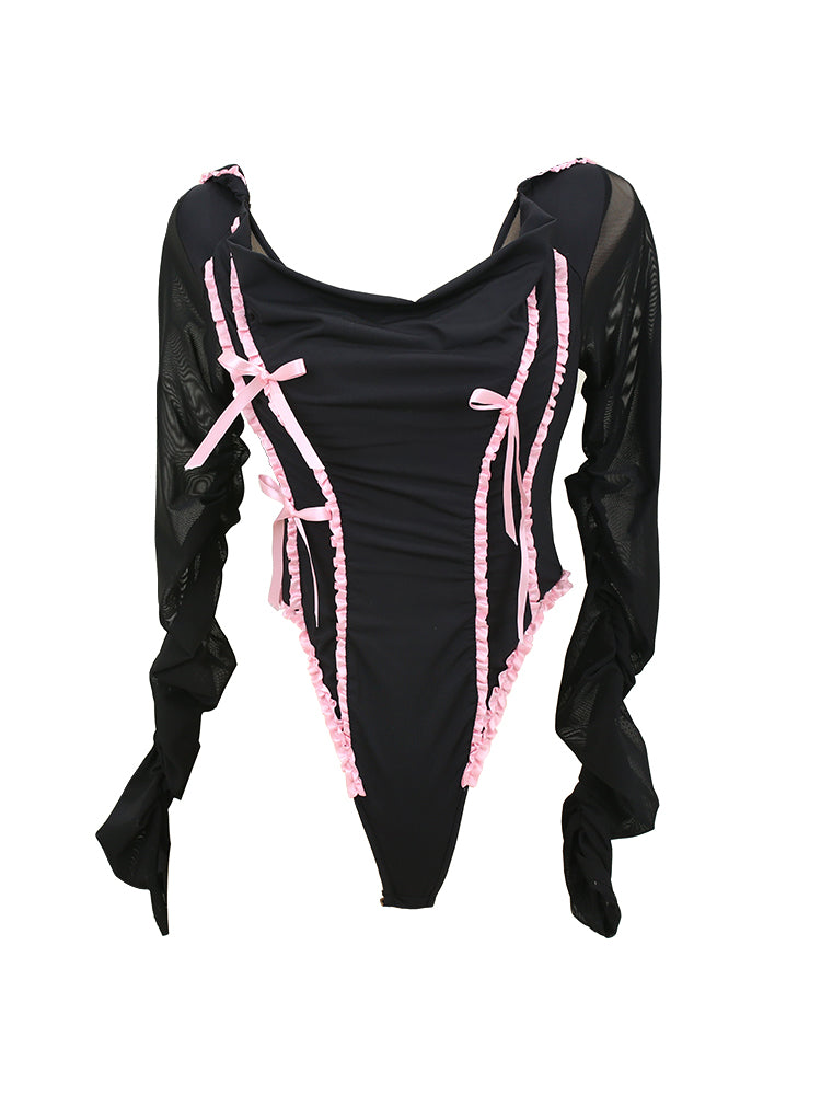 Lucia Balletcore Elegant Coquette Pink Black Lace Top Hooded Short Mini Skirt Two Piece Set