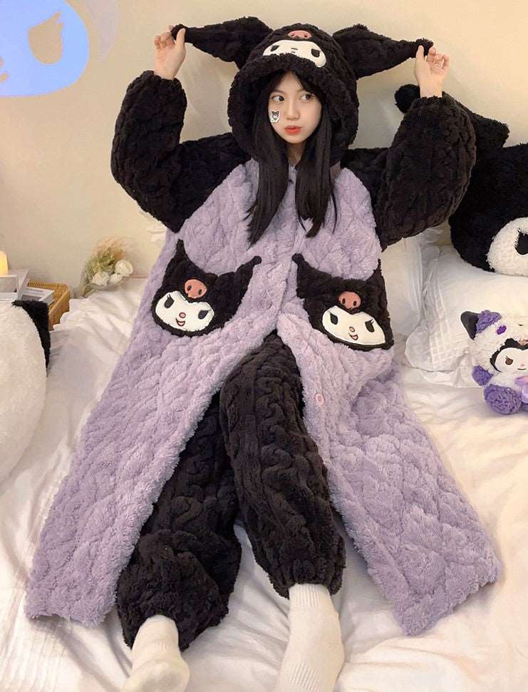 Black & Purple Devil Cartoon Thick Winter Pajamas Hooded Bathrobe & Pants