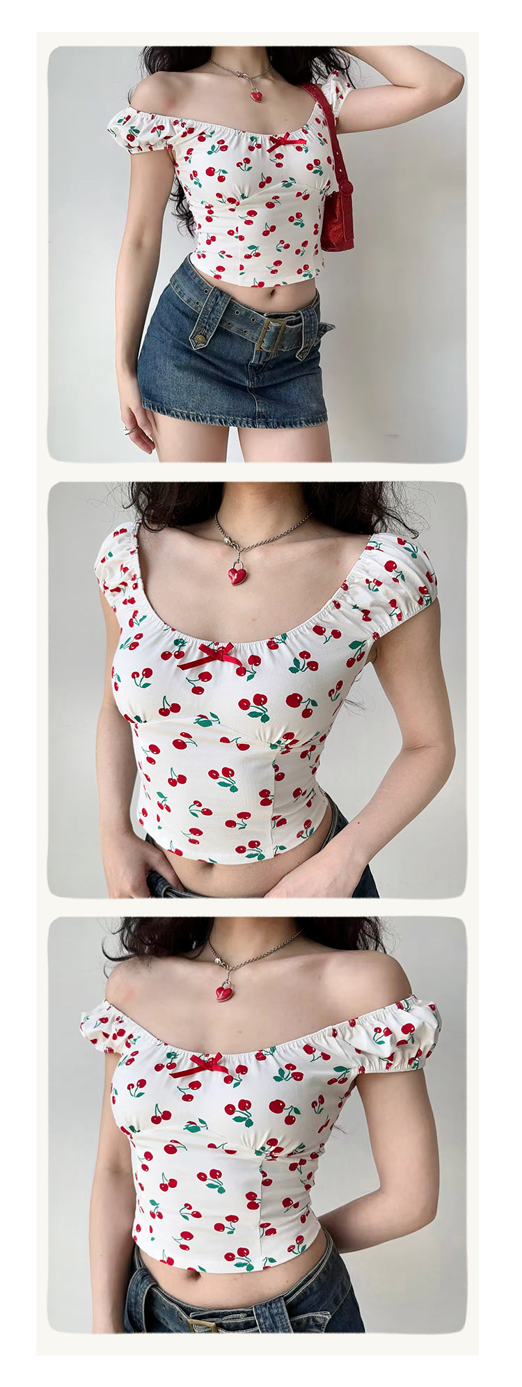 Retro Cherry Print U Neck Collar Summer Shirt Top