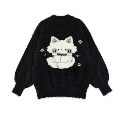 Haunted Night Black Cat Cute Mink Faux Fur Cozy Sweater