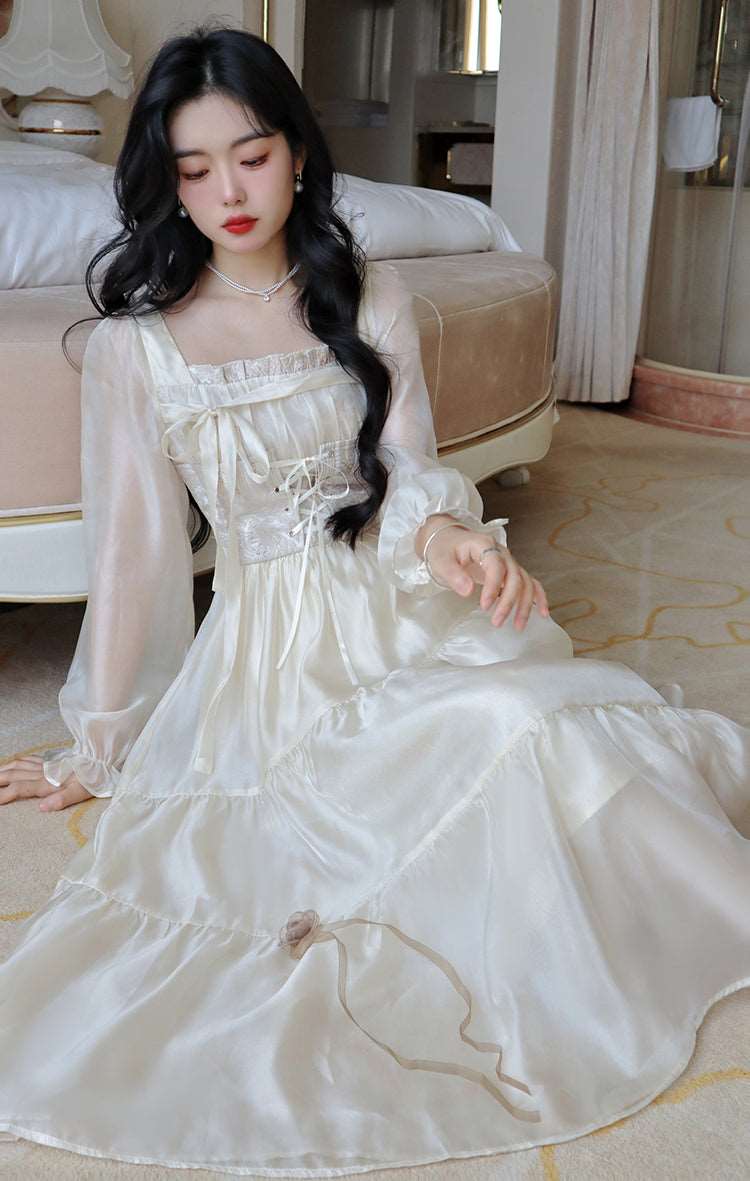 French Elegant Delicate Rose Princess Embroidery Jacquard Satin Soft Cream Long Sleeve Dress