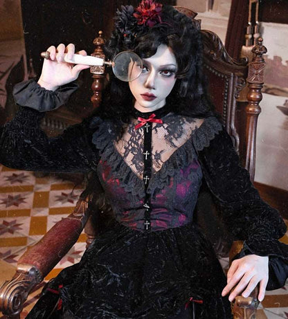 Dark Gothic Dream Rose Lace Drawstring Velvet Puff Sleeve Dress