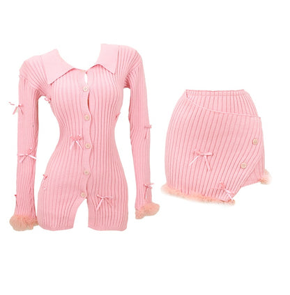 Lucia Autumn Sweet Pink Bow Knitted Top Fitted Cardigan Short Skirt Two Piece Set