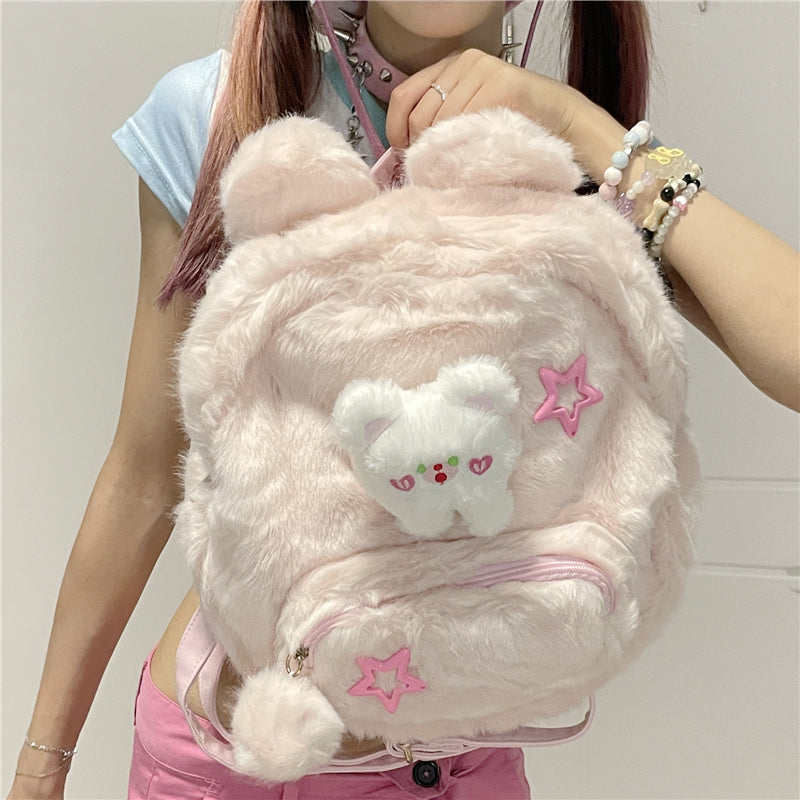 Y2K Bear Cartoon Doll Plush Fluff Cute Mini School Backpack Bag