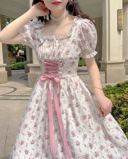 Sweet Fairy French Style Floral White Pink Flowers Long Dress