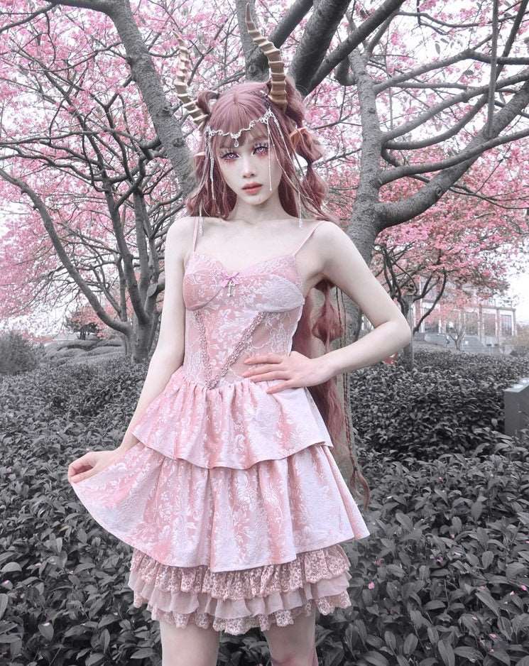 Guardian of Sakura Tress Gothic Lace Velvet Pink Cake Short Dress