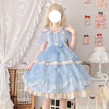 Fancy Beautiful Elegant Cinderella Blue Cream Gown Lace Bow Decorated Princess Dress