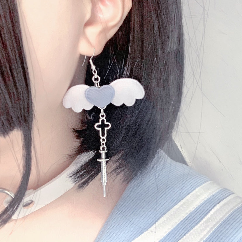 Harajuku Idol Anime Girl Sweet Pink Blue Heart Angel Wings Silver Cross Syringe Earrings