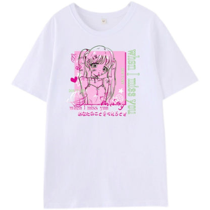 When I Miss You Anime Girl Y2K Print White Oversize T-shirt Tees Top