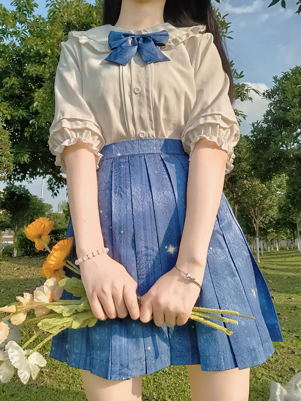 Stardust Midnight Navy Blue Stars Pattern Japanese School Student Uniform Seifuku Cosplay Short Skirt with Pockets