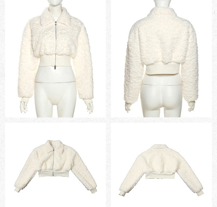 White Sweet & Cool Velvet Plush Woolen Zipper Short Jacket