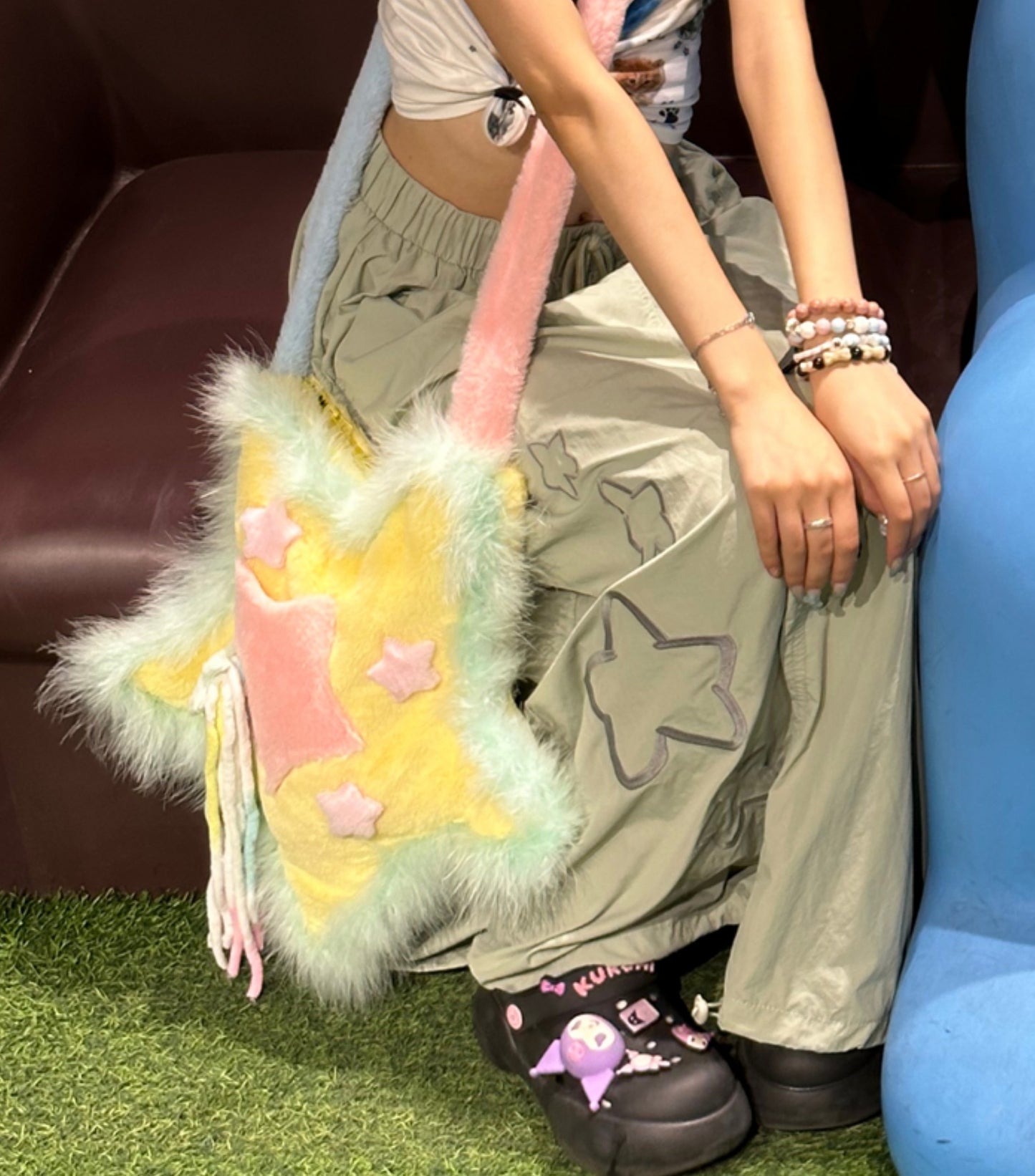 Y2K Pastel Pink Blue Yellow Star Meteor Fluff Plush Handmade 3D Messenger Bag