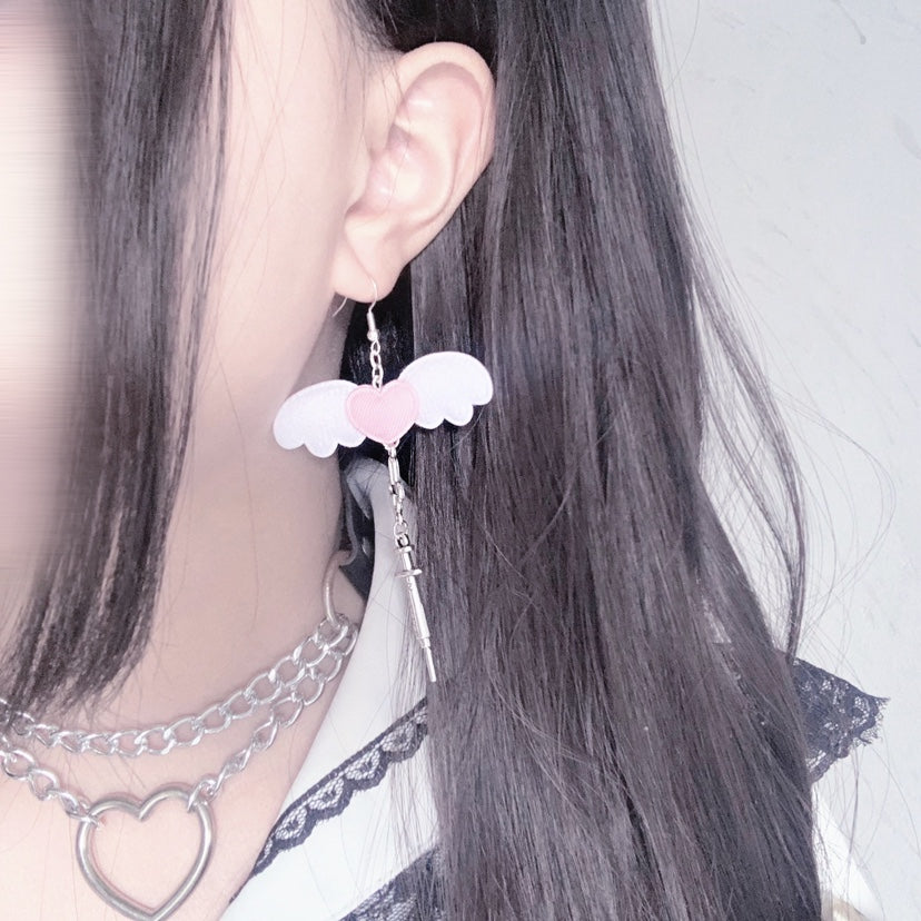 Harajuku Idol Anime Girl Sweet Pink Blue Heart Angel Wings Silver Cross Syringe Earrings