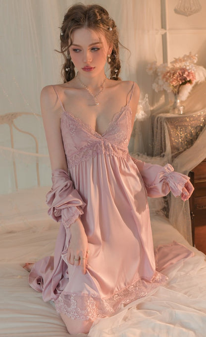 Smooth Silk Lace See Through White Pink Nightdress Nightgown Robe