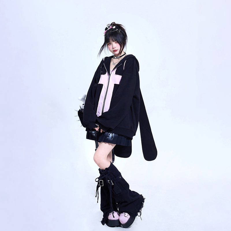 Rabbit Ears Pink Cross Cool Trendy Goth Sweatshirt Jacket Oversize Black Hoodie