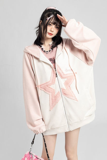 Embroidery Star Pink & Blue Jacket Hoodie