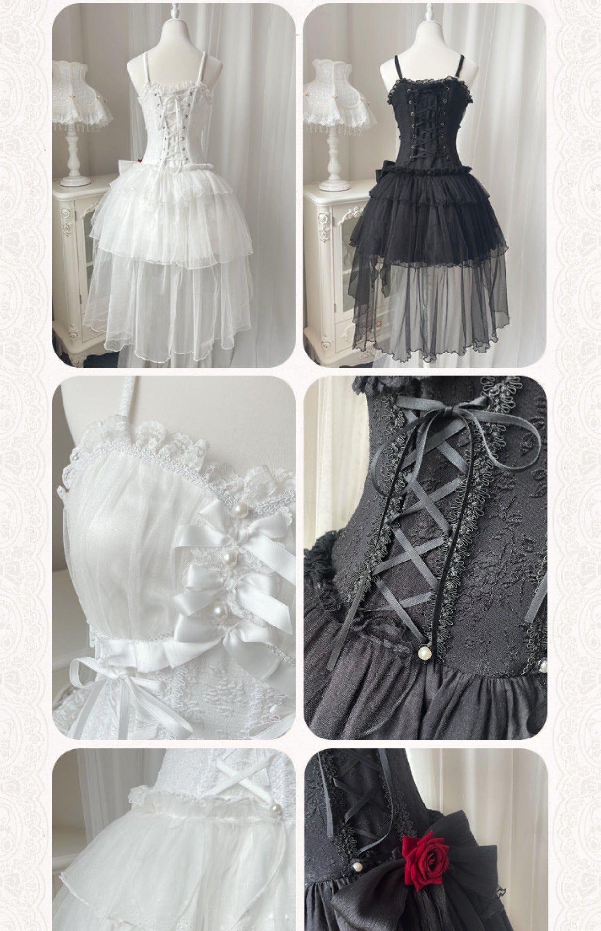 Gothic Black & White Summer Stars Rose Lace Strap Dress