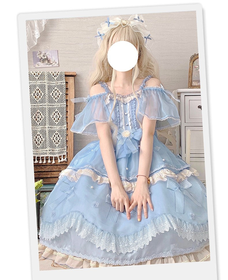 Fancy Beautiful Elegant Cinderella Blue Cream Gown Lace Bow Decorated Princess Dress