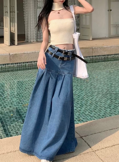 Summer Fashion Cute Trendy Retro High Waist A-line Denim Long Pleated Skirt