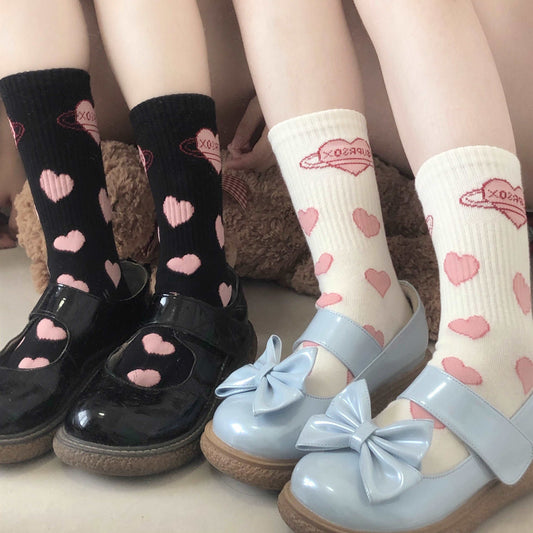 4 Pairs Set Cute Space Girl Heart Black & White Socks