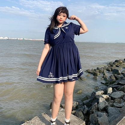 Plus Size Sailor Collar White Navy Blue Summer Dress Shorts Two Piece Set