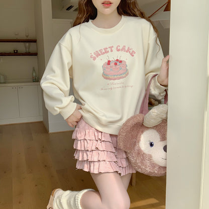 Sweet Girl Cake Print Cherry Cream Sweatshirt Sweater