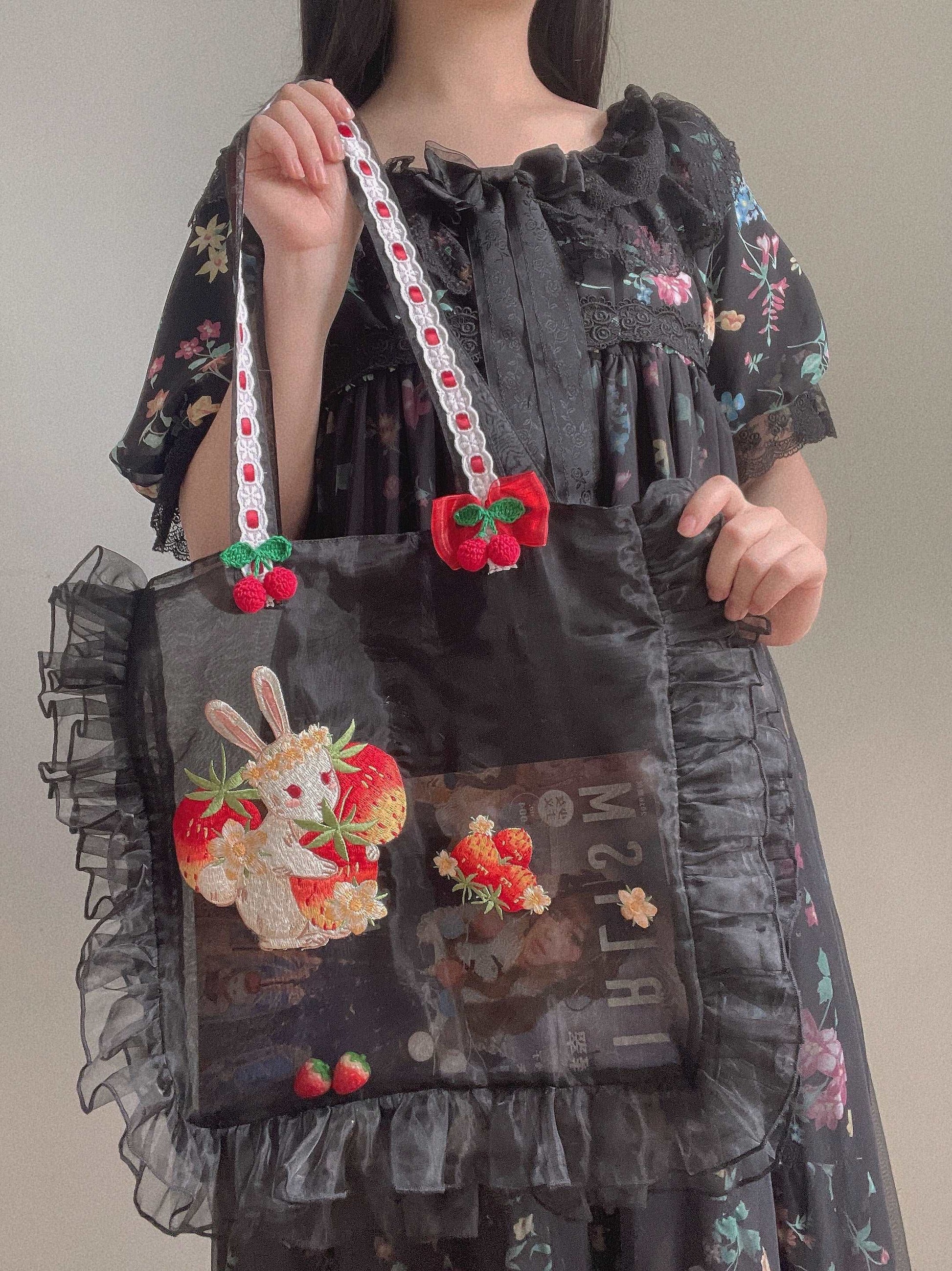 Embroidery Strawberry Rabbit Cherry Tote Bag