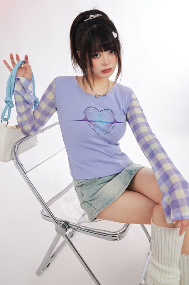 Heart Plaid Sleeve Pastel Y2K Pink Purple Long Sleeve Shirt Top