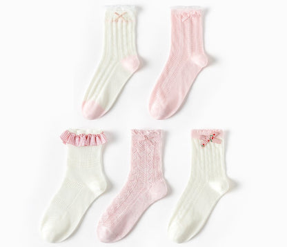 Sweet Coquette Girl Pink & White Cotton Socks 5 Patterns Pairs Sets