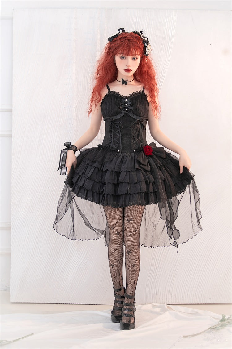 Gothic Black & White Summer Stars Rose Lace Strap Dress