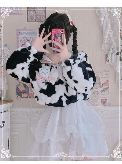 Cow Pattern Black White Pink Sailor Collar Plush Jacket