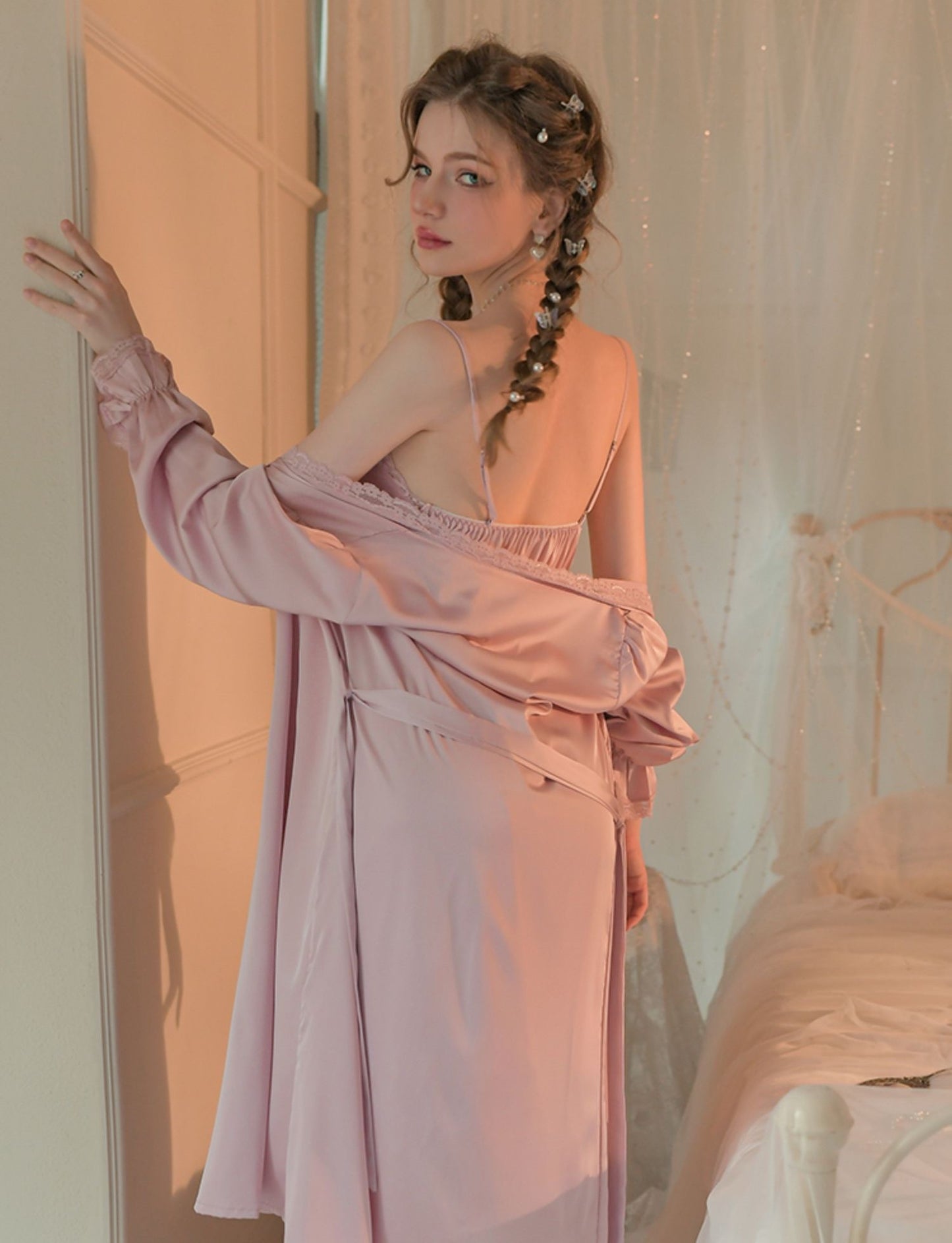 Smooth Silk Lace See Through White Pink Nightdress Nightgown Robe