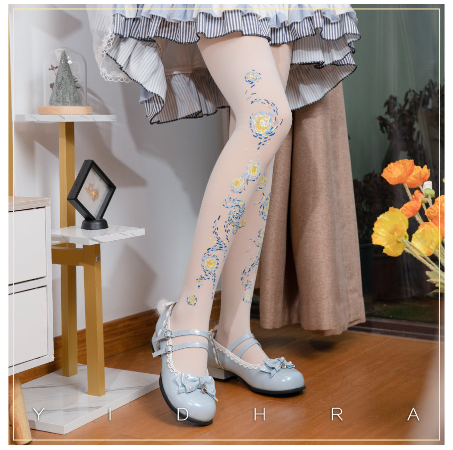 Vincent Van Gogh Starry Sky Painting Dream Witch Black & White Stockings Pantyhose Garment