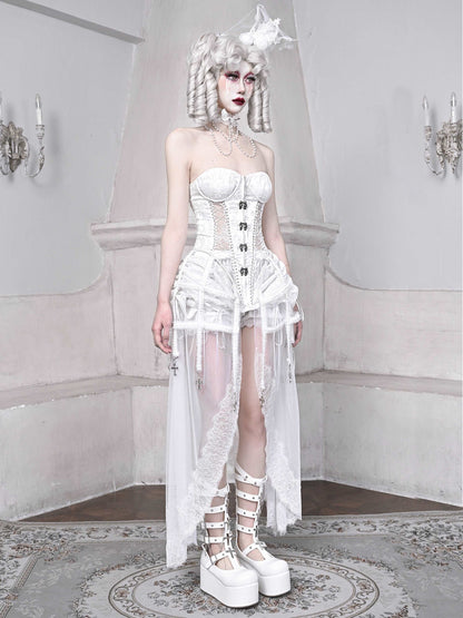 Blood Supply The White Doll Goth Princess Silver Cross Fishbone Birdcage Corset Four Piece Set