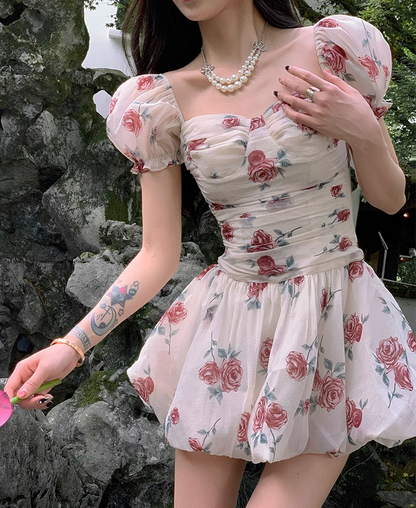 Flower Floral Fairy Summer Spring French Style Puff Sleeve Princess Suspender Dress