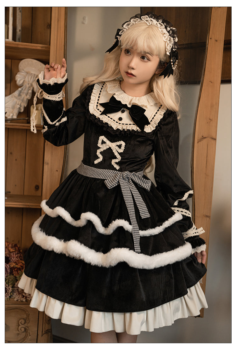 Universal Lolita Gothic Winter Ribbon Black Dress Cloak Two Piece Set