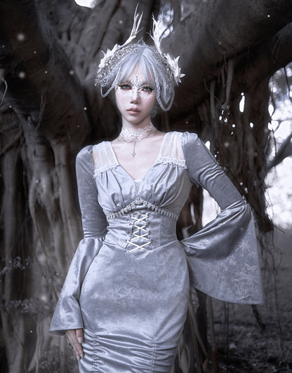 Blood Supply Swan Dream Gray Purple Embroidery European Style White Gothic Lace Princess Winter Fishtail Dress