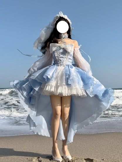Princess Corset Sweet Bow Lace Blue White Halter Neck Half Short Half Long Layered Dress