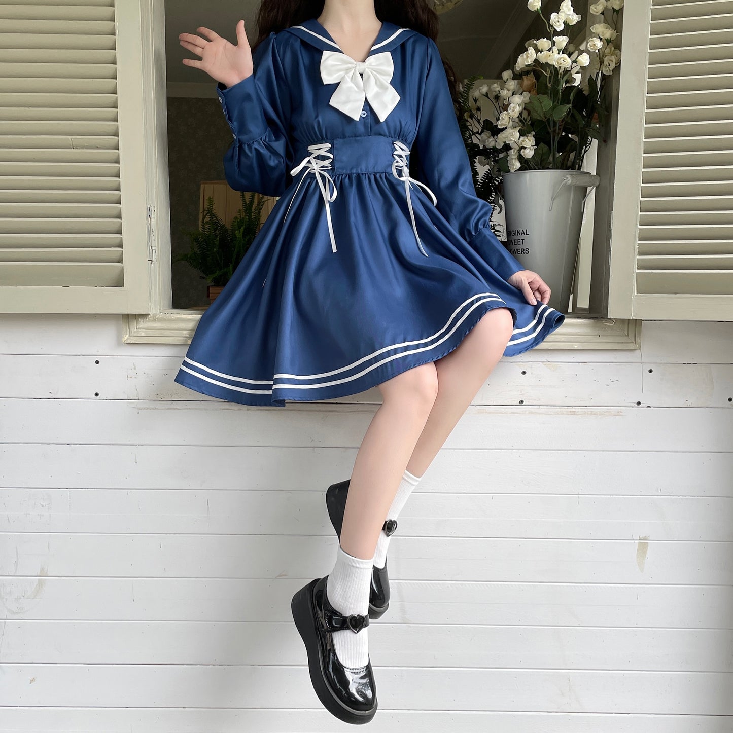 Sweet Girl Sailor Collar Navy Blue & White Bow Dress