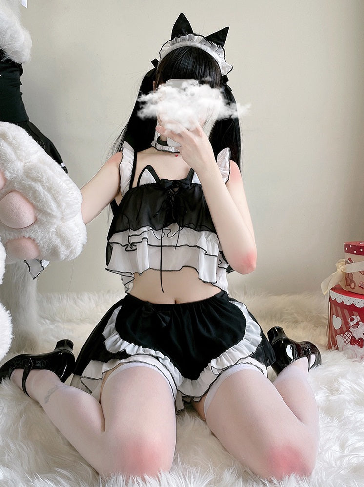 Sexy Maid Cat Girl Cosplay Pink & Black Top Skirt Two Piece Set